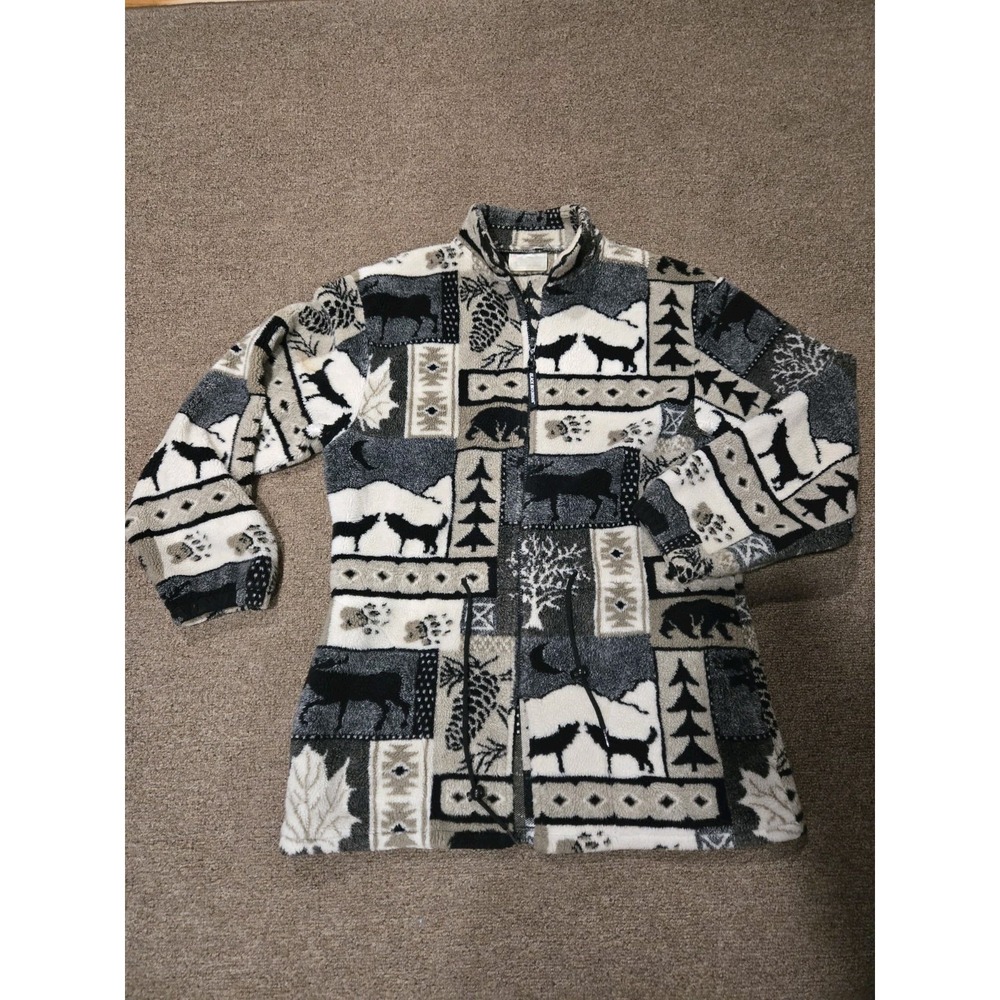 Black Mountain Fleece Jacket Womens Medium Gray Wolf Bear Moose Zip‎ Vintage Y2K